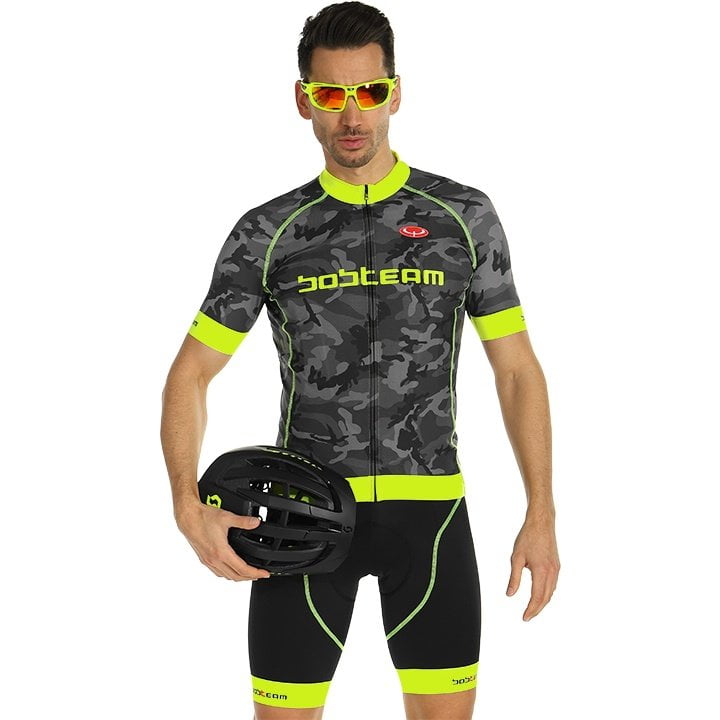 Fahrradhosen + Trikot BOBTEAM Set (2 Teile) Amo Camo neongelb grau