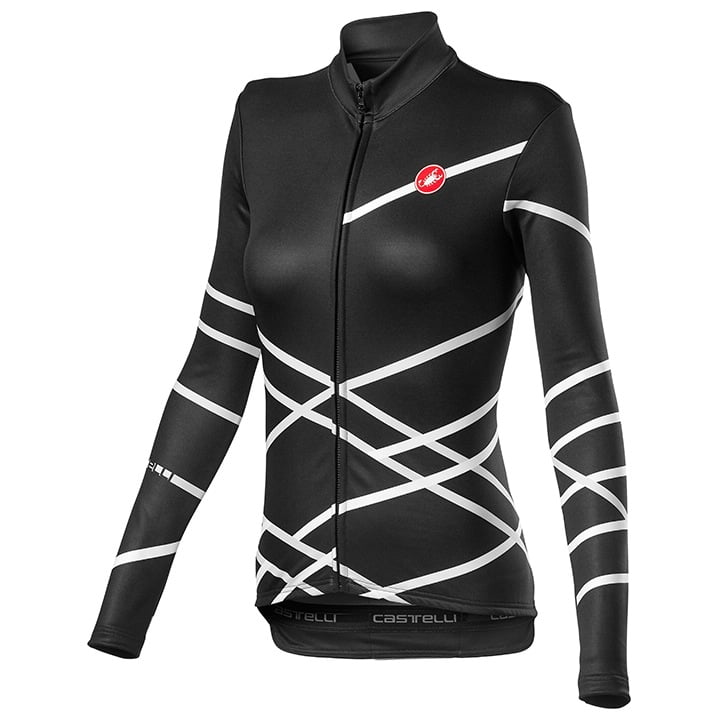 Radtrikot CASTELLI Damen Langarmtrikot Diagonal weiß schwarz